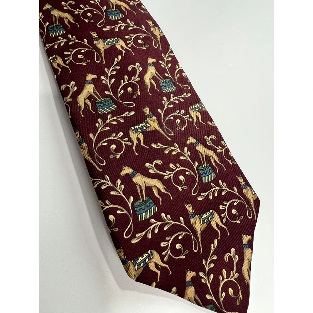 Vintage Bert Pulitzer Tie Mens OS Burgundy Greyhound Dog Circus Silk Novelty A60